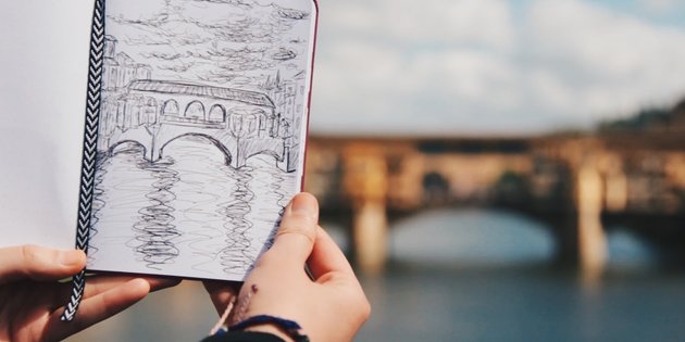 Drawing of the Ponte Vecchio bridge in Florence, Italy