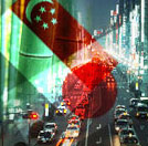 Collage of flags from Asian countries and the busy streets of Asia