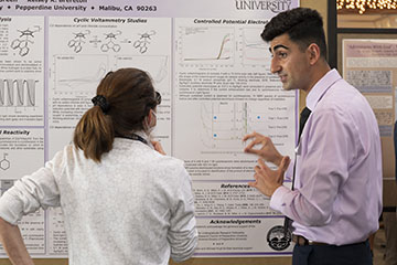 two people looking at a presentation board