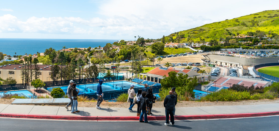 group of people touring Malibu campus