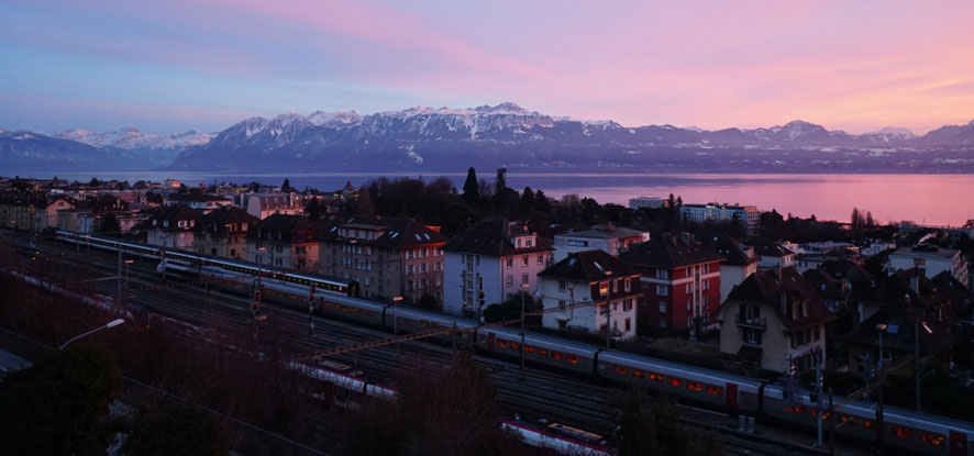 Pink skies overlook a charming European town