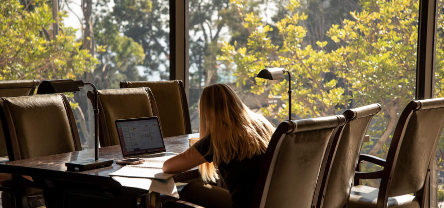 Female student typing on a laptop at a table in Payson library