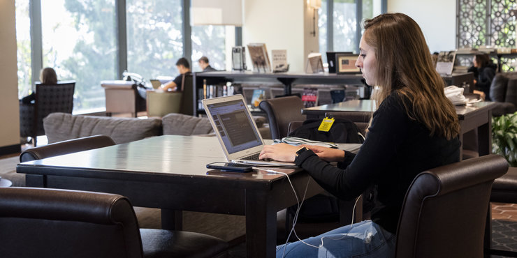 Female student typing on a laptop in Payson library