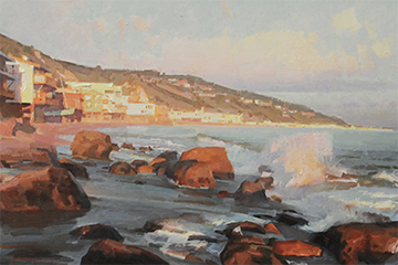 painting of ocean beachfront homes, rocks and water