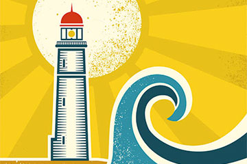 Lighthouse and wave drawing with yellow background
