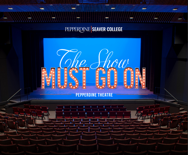 Empty Smothers Theatre with text that reads "The Show Must Go On"