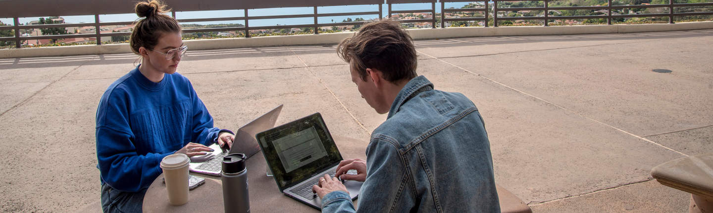 Students typing on laptops on the Malibu campus