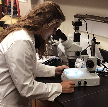 Audrey Fontes looking into microscope.