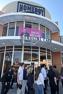 Students gathered outside the Homegirl Cafe in Los Angeles