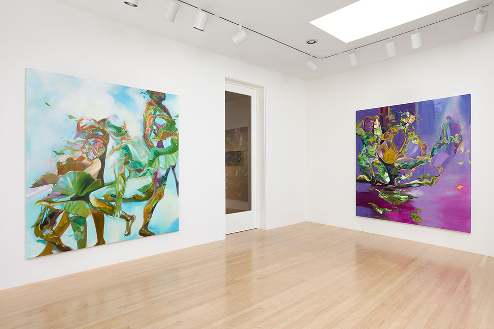 Two paintings hung in a white gallery