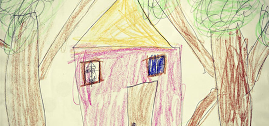 Crayon drawing of a house and tree